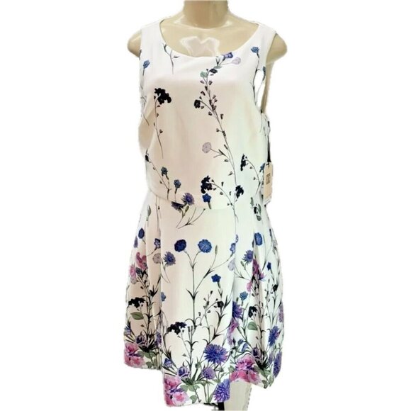 Ivanka Trump 12 White Floral Lined Pleats Side Pockets Zip Back Sleeveless Dress - Picture 2 of 6